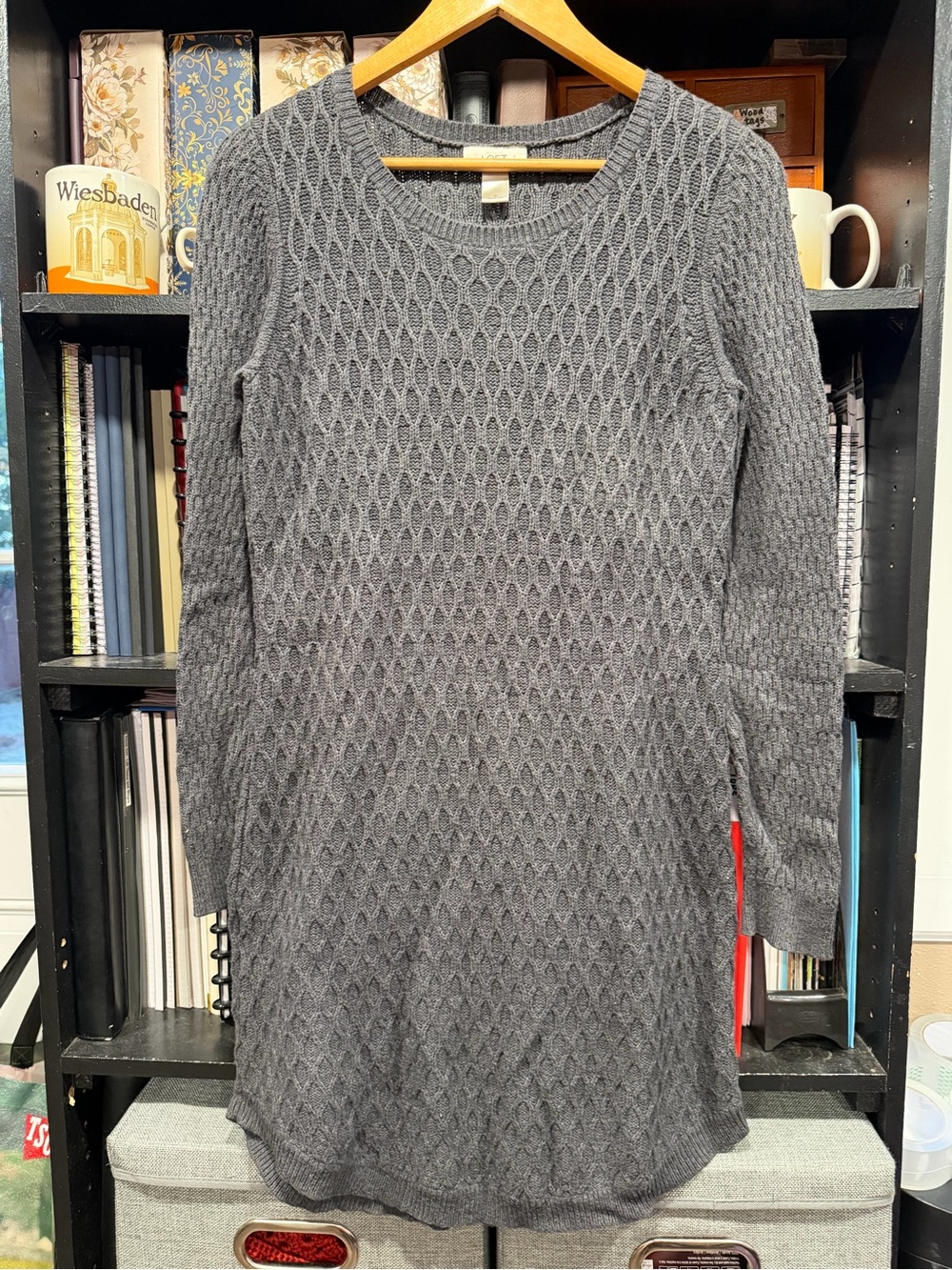 LOFT Gray Cable-Knit Long Sleeve Sweater Dress